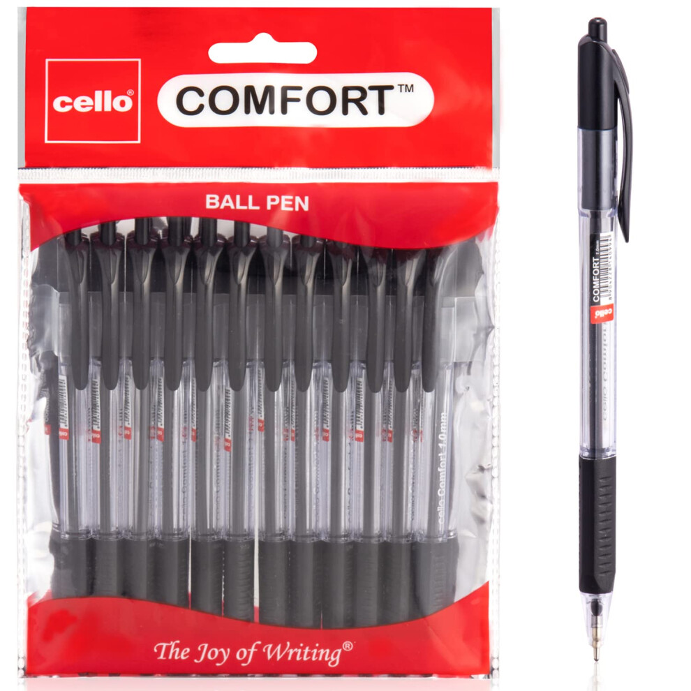 Cello Ballpoint Pen Black Pens Comfort Grip Ball Pens Medium Point Biros,Retractable Ballpoint Pens (1.0Mm) Black Pen, Pack Of 12 | Ideal For Office,