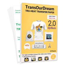 TransOurDream Tru-Transfer Paper T-Shirt Printing 20 Sheets A4 Inkjet Heat Transfers for Light Fabric Printable Vinyl Upgraded 2.0 Iron on Printer