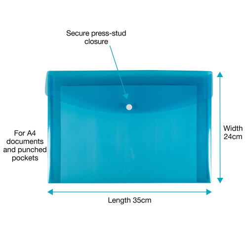 SUMMIT A4+ Heavy Duty Plastic Popper Wallets, Assorted Colours, Document Folders, Pack of 5 2
