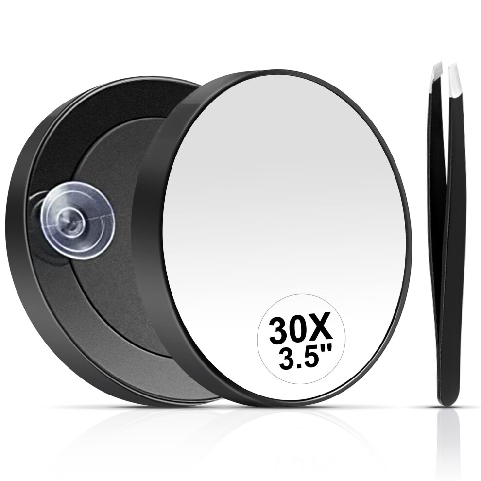 MIYADIVA 30X Magnifying Mirror, Small Compact Travel Mirror with Suction Cup and Tweezers, 3.5 Inches