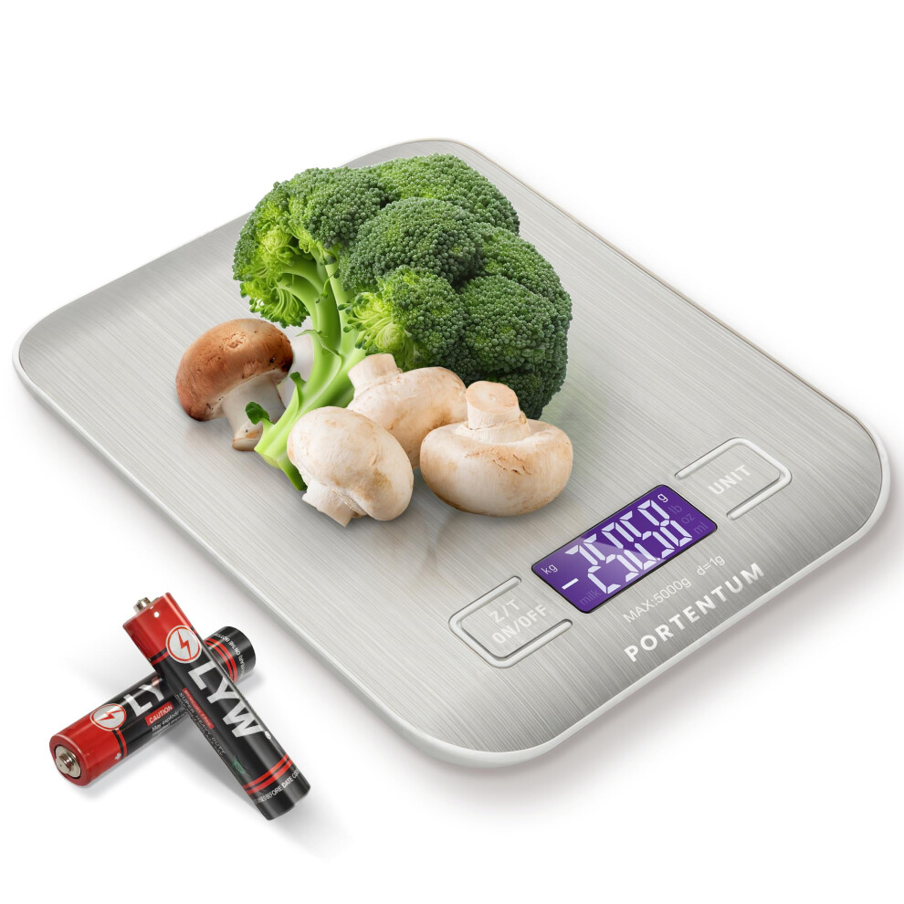 Portentum Digital Kitchen Scales 5Kg/11Lb With Large Lcd Display, Food Scales With Large Stainless Steel Weighing Surface, Liquid Measurement, High