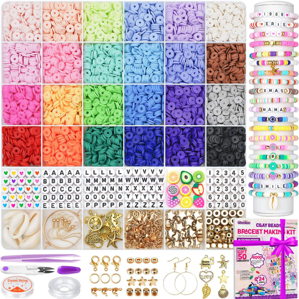 Gionlion 6000 Clay Beads Bracelet Making Kit, Friendship Bracelet Kits Preppy Beads For Jewellery Making, Flat Heishi Beads For Bracelet Arts And