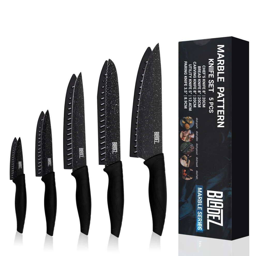 Bladez Professional Kitchen Knife Set, 5 Pcs Stainless Steel Kitchen Knives Set with Ultra Sharp Blade and Soft Handle, Includes Chef, Bread, Carving,