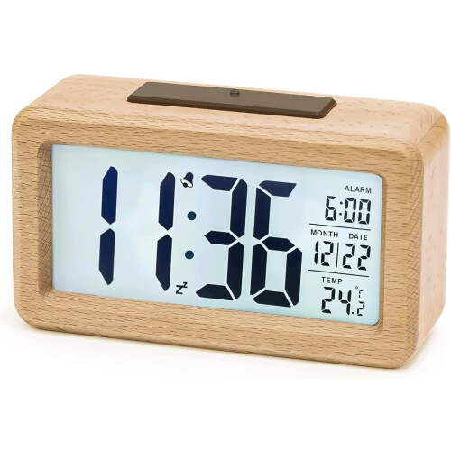 aboveClock Digital Alarm Clock, Wooden Bedside Clock with Large LCD Backlit Display, Temperature, Snooze Function, Brightness Sensor, 3 AAA Battery