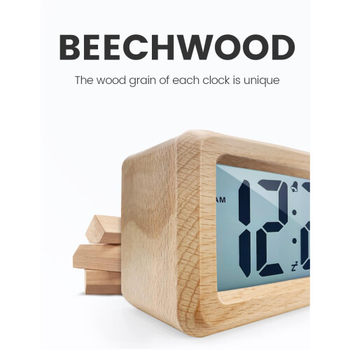 aboveClock Digital Alarm Clock, Wooden Bedside Clock with Large LCD Backlit Display, Temperature, Snooze Function, Brightness Sensor, 3 AAA Battery 2
