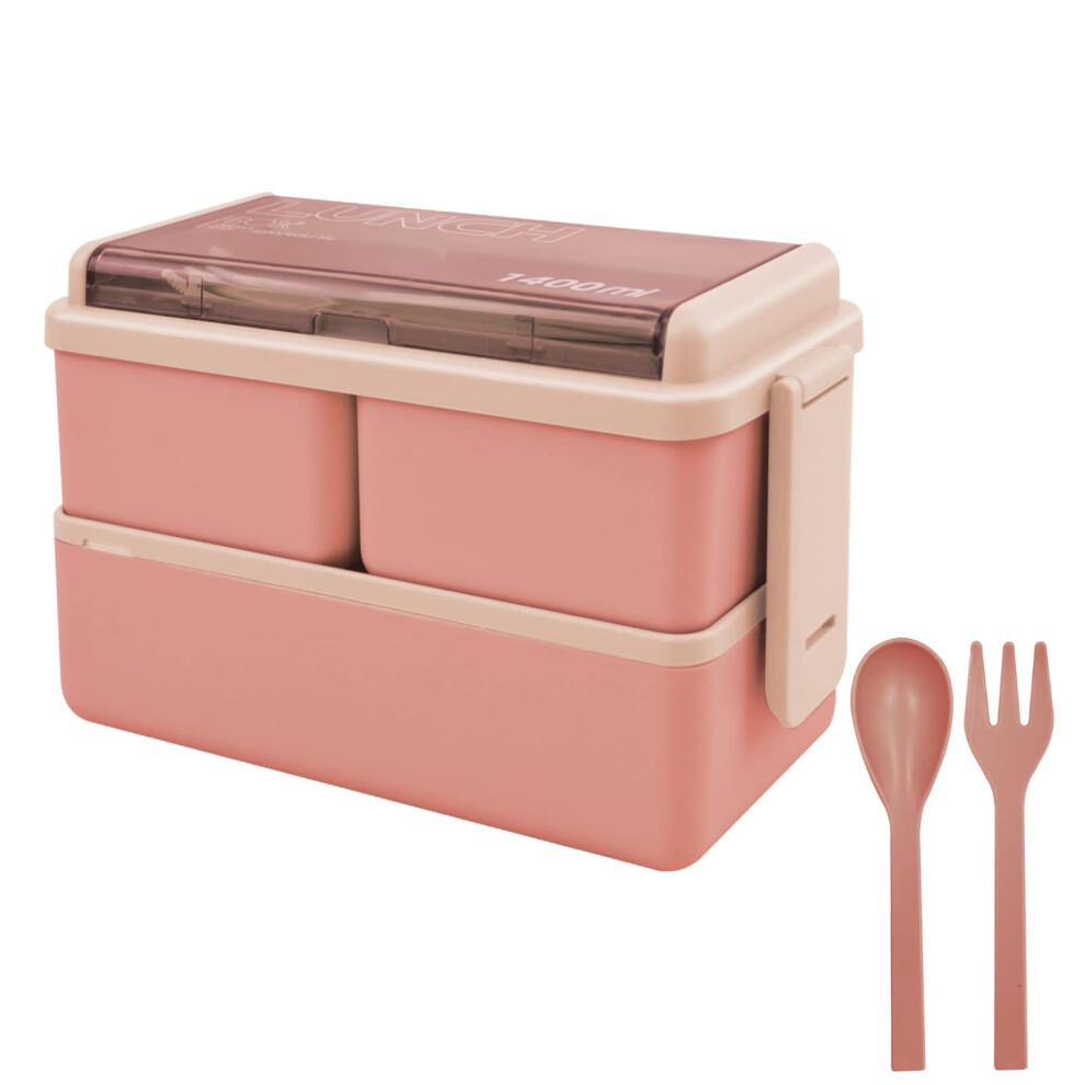 Jsdoin 1400Ml Stackable Bento Lunch Box With 3 Compartments & Cutlery, 2-Layer Leak-Proof, Microwave/Dishwasher Safe, For Adults & Kids Adlq80642