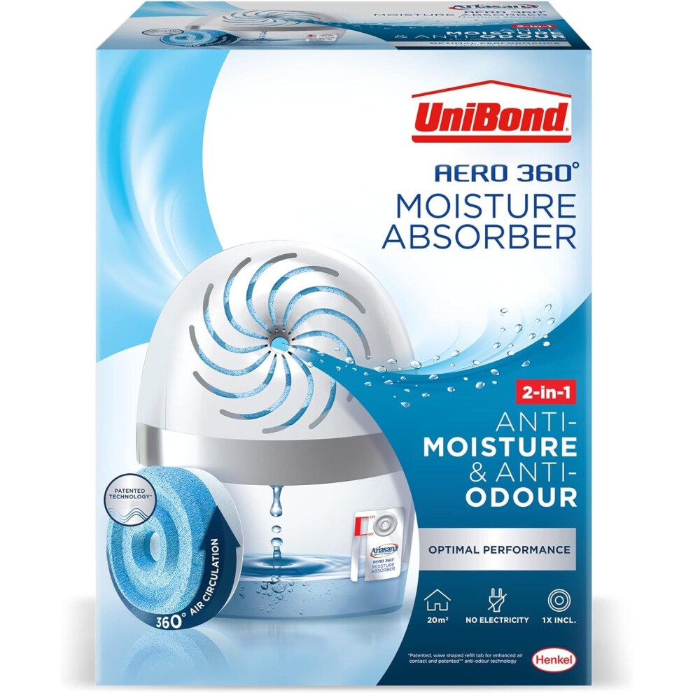 UniBond AERO 360? Moisture Absorber, 1 Device incl. 1 Refill Tab 450g, Ultra-Absorbent Dehumidifier, Helps to Prevent Condensation, Mould & Musty