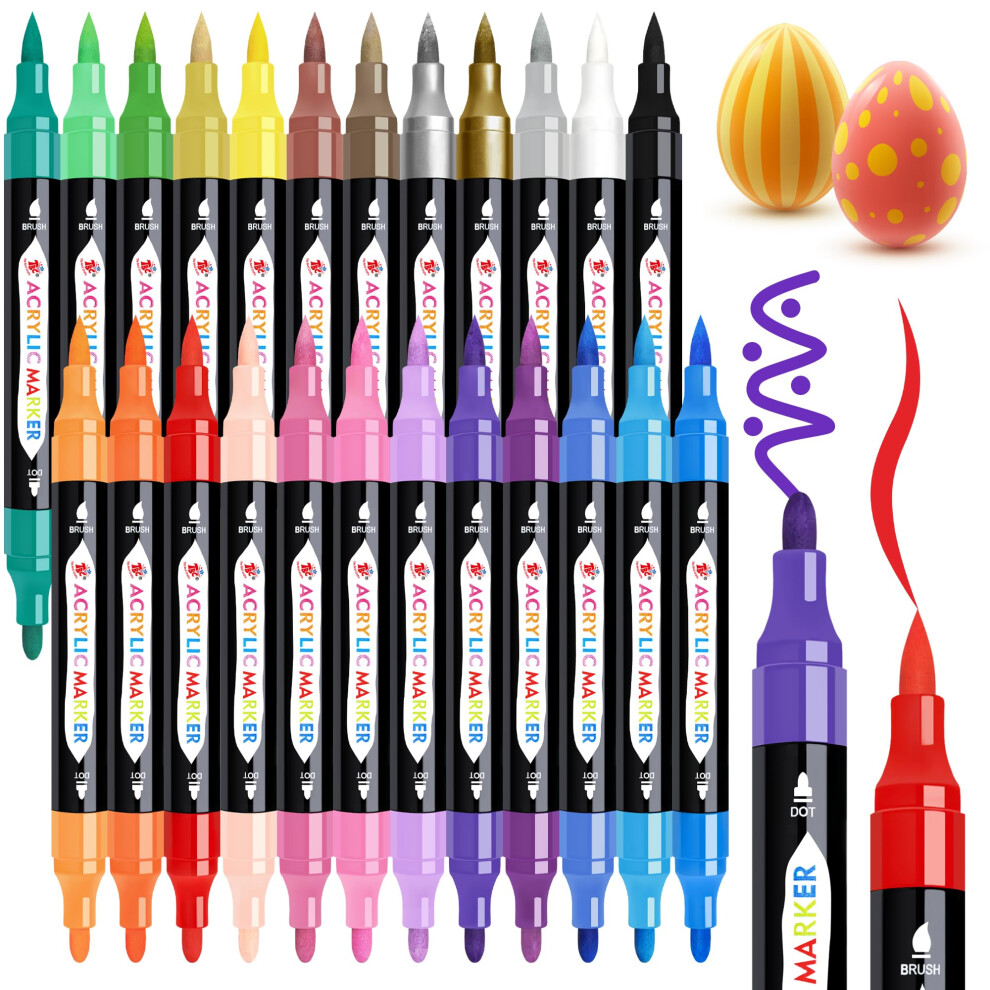 TBC The Best Crafts 24 Colors Dual Tip Acrylic Paint Markers,Waterproof, Non-Toxic, odorless, Suitable for Paper, Pottery, Stones, Backpacks, Glass,