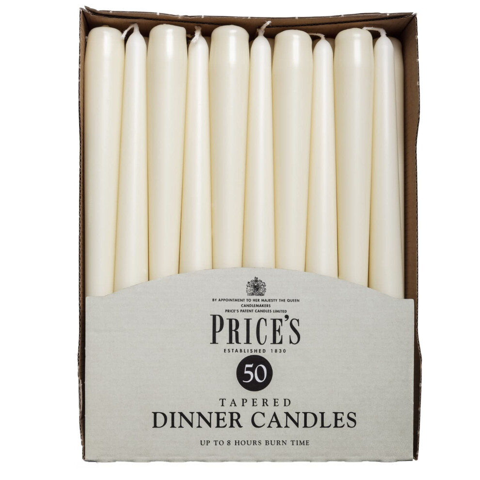 Price's Candles - Tapered Dinner Candles - Pack Of 50 - Dripless - Unscented - 7 Hour Burn Time Ivory