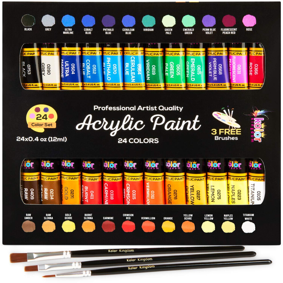KOLOR KINGDOM Acrylic Paint Set 24 Colours Canvas Paints Kit with 3 Paint Brushes for Crafts,Kids Paints, Paper, Rock Painting, Wood,Ceramic & Fabric