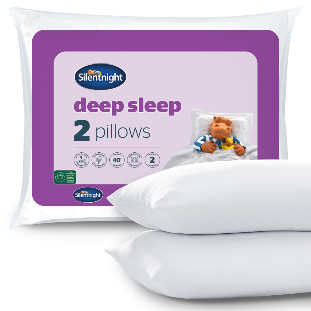 Silentnight Deep Sleep Pillows 2 Pack ? Medium Support Comfortable Hollowfibre Bed for Front, Back and Side Sleepers Machine Washable Hypoallergenic