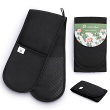 Black Double Oven Gloves | Maximum Heat Resistant Protection | Double Oven Mitt With Silicone Non-slip Design | Machine Washable Thick Oven Glove Home