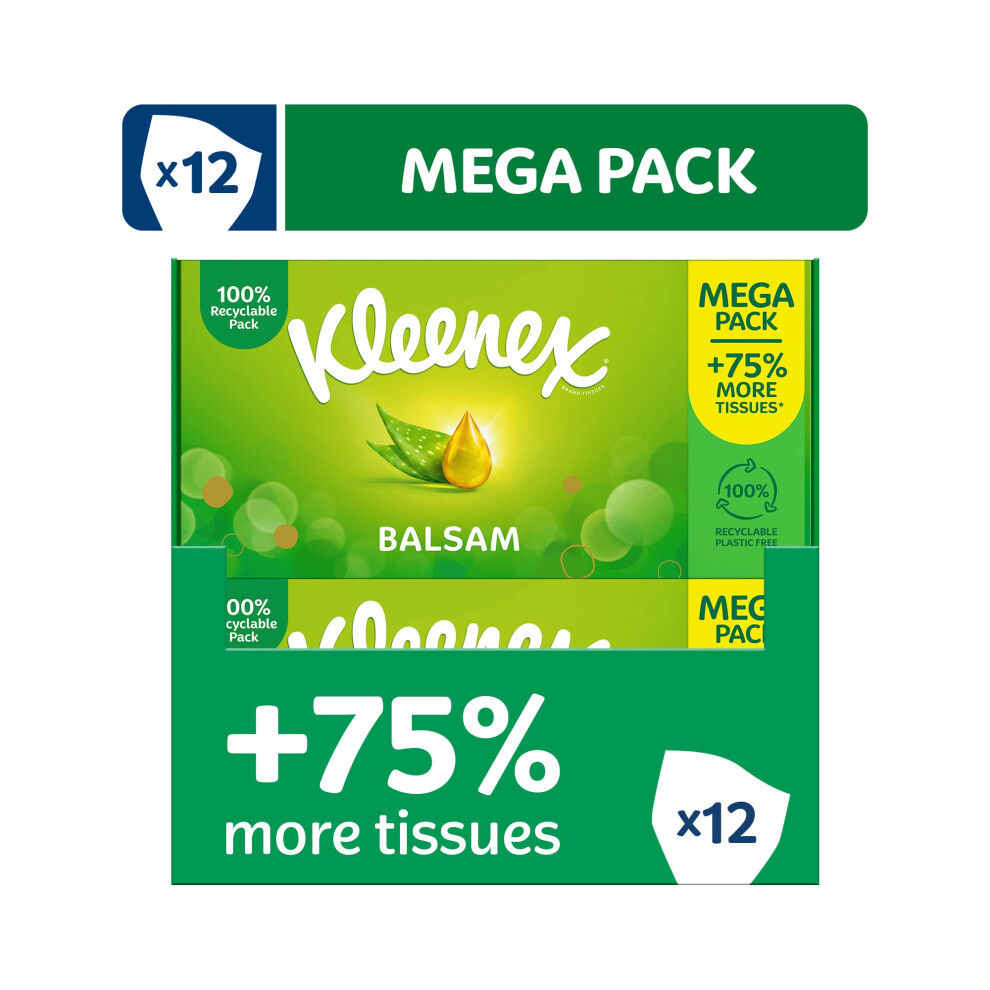 Kleenex Balsam Tissues, Mega Pack - 1,344 Sheets (12 Boxes X 112 Sheets) - Balm Tissues Protect And Soothe Your Nose When You've Got A Cold - Balmcare