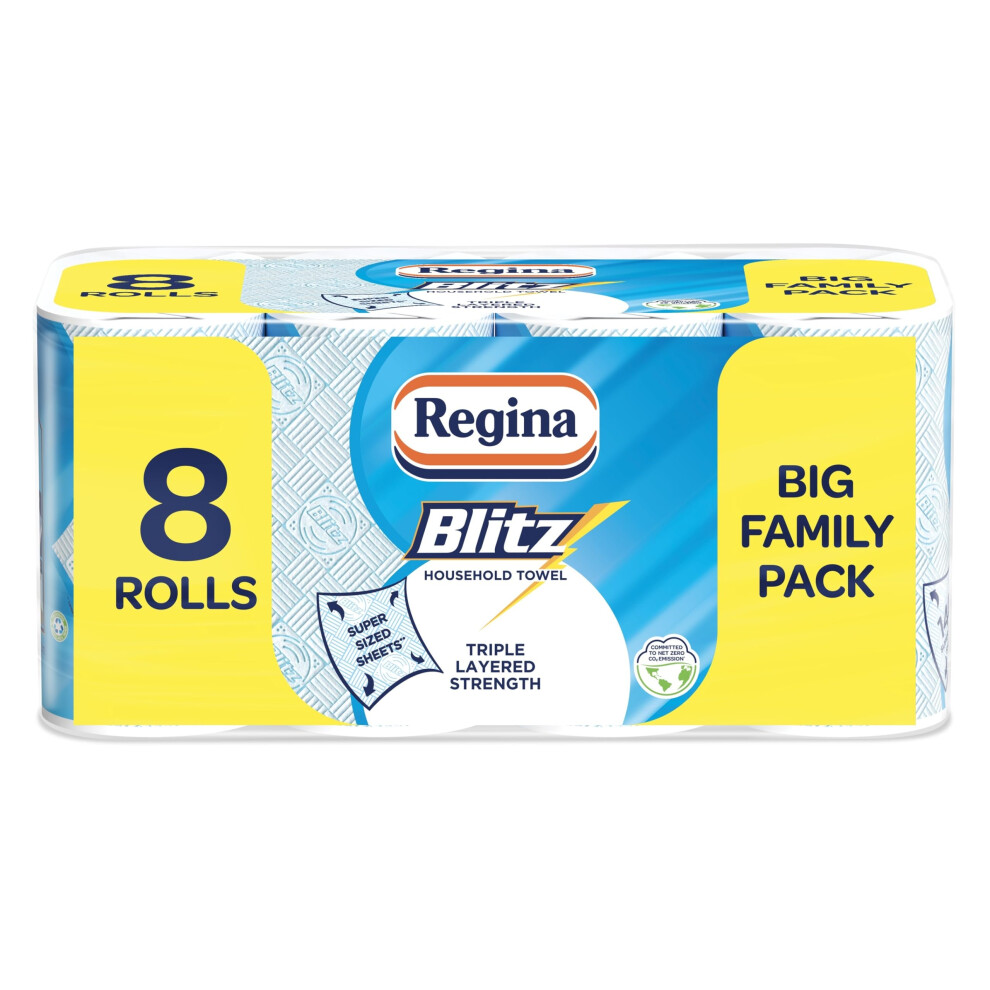 Regina Blitz Household Towels ? 8 Triple Layered Rolls, 70 Sheets Per Roll, Paper Packaging, FSC Certified Paper, Recyclable Packaging, 60% Larger