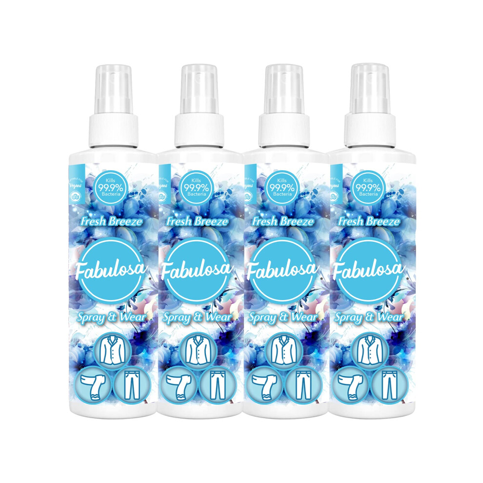 Fabulosa Antibacterial Spray and Wear, Dry Clothes Disinfectant Fabric Freshener Spray, 250ml, 4 Pack, Fresh Breeze, packaging may vary