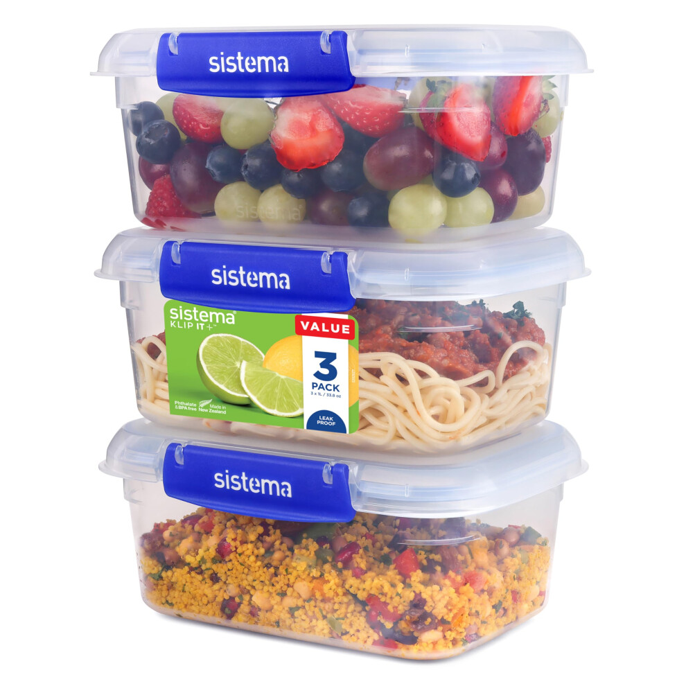 Sistema KLIP IT PLUS Leakproof Food Storage Containers | 1 L | Airtight, Stackable & Nestable Meal Prep Containers with Lids | School Lunch Boxes |