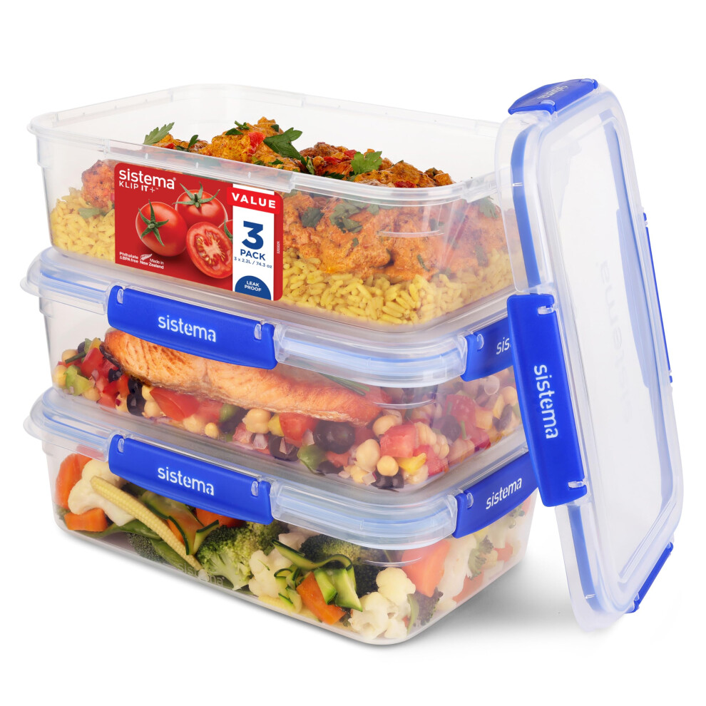 Sistema KLIP IT PLUS Leakproof Food Storage Containers | 2.2 L | Airtight, Stackable & Nestable Meal Prep Containers with Lids | School Lunch Boxes |