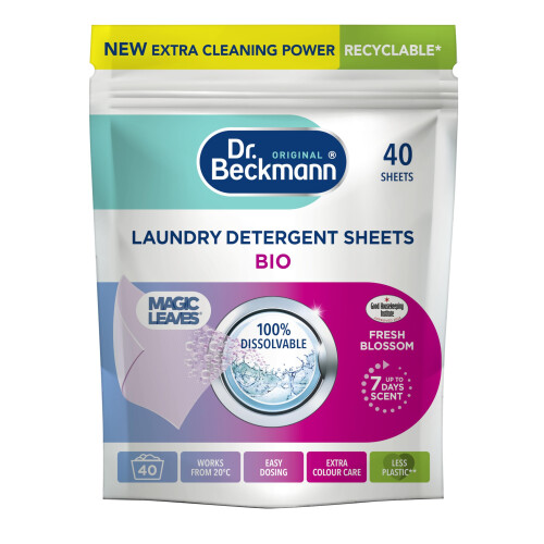 Dr Beckmann Dr. Beckmann MAGIC LEAVES BIO Laundry Detergent Sheets – Climate Neutral, Dissolvable, Vegan, Fresh Blossom, 40 Sheets (Code 2005)
