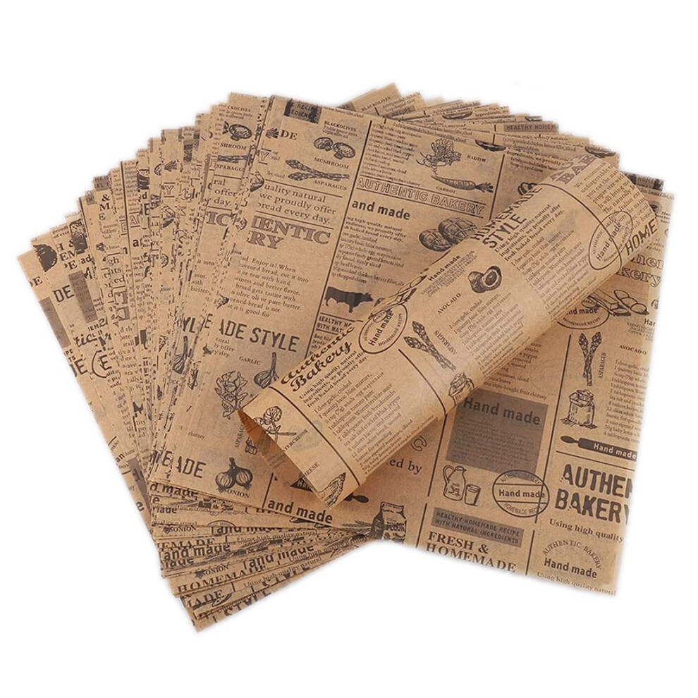 Hejo100PCS Greaseproof Paper Sheets, Burger Wrapping Oil Proof Papers, Old Newspaper Printing Style Food Wrapping Paper, Good Ideal for Bread Sandwich