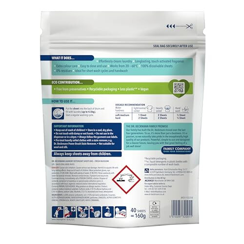 Dr Beckmann Dr. Beckmann MAGIC LEAVES BIO Laundry Detergent Sheets – Climate Neutral, Dissolvable, Vegan, Fresh Blossom, 40 Sheets (Code 2005) 1