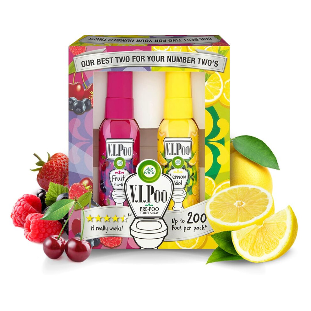 Airwick |ViPoo |Pre-Poo Toilet Spray Air Freshener Gift Pack| Lemon Idol & Fruity Pin Up Scents |2 x 55ml (110ml)
