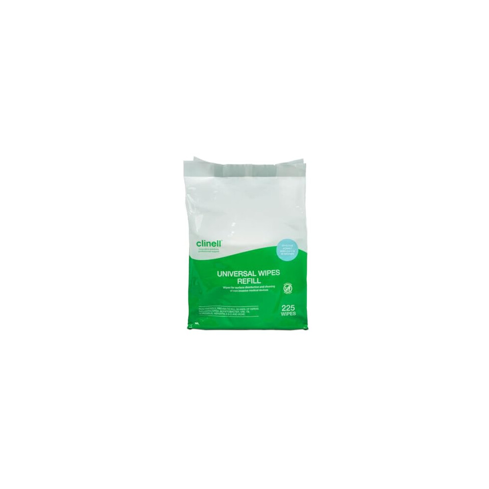 Clinell Universal Cleaning and Disinfectant Wipes for Surfaces - Pack of 225 Wipes - Refill Pack - Multi Purpose Wipes, Kills 99.99% of Germs, Quick