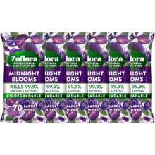Zoflora Midnight Blooms Large Biodegradeable Wipes, Antibacterial Cleaning, 6 x 70 Wipes Pack, Multi-Surface Disinfectant, Removes Odours & Kills