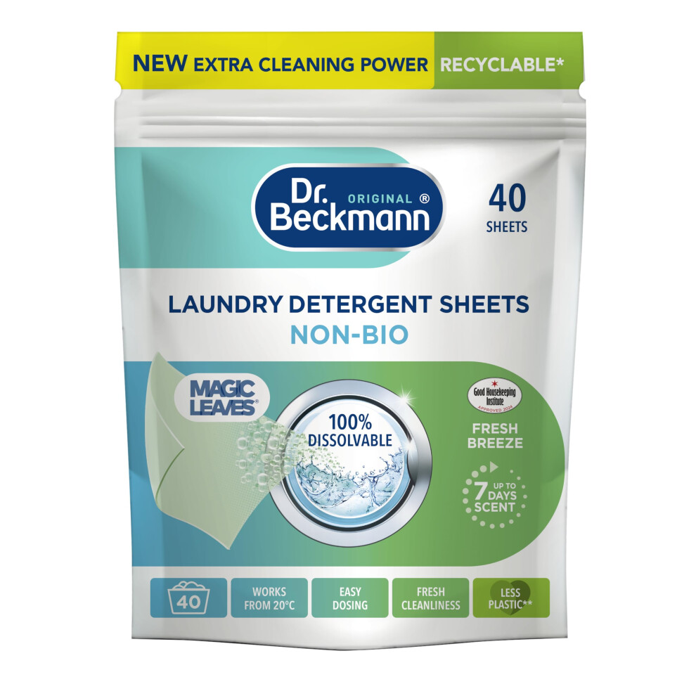 Dr. Beckmann MAGIC LEAVES Laundry Detergent Sheets NON-BIO | Convenient and pre-dosed laundry detergent sheets | Dissolvable climate neutral and easy