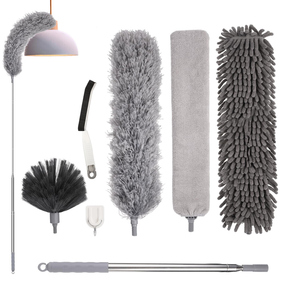 Thboxes Feather Duster,7 Pcs Extendable Bendable Washable Cobweb Brush With Extension Pole Up To 100'', Long Feather Duster For Cleaning Ceiling Fan,High