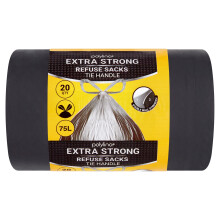 Polylina - Bin Bags Extra Strong, 75 Litre, 20 Premium Heavy Duty Tie Handle Black Bin Liners Refuse Sacks, Everyday Use, Household, Office & Kitchen