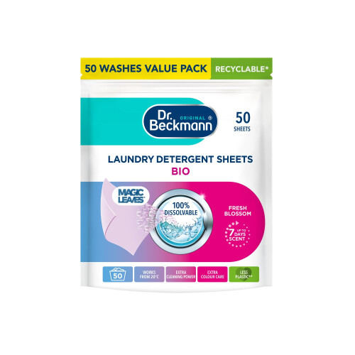 Dr Beckmann Dr. Beckmann Laundry Detergent Sheets BIO | Fresh Blossom | MAGIC LEAVES | Pre-dosed | 50 sheets