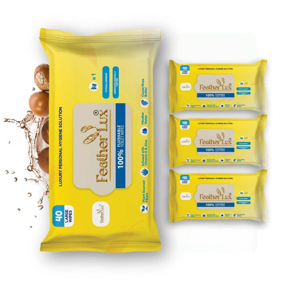 Feather Lux Wet Wipes for Adults - Flushable Toilet Wipes with Micellar Water, 160 Large Toilet Wipes Flushable(4 Pack of 40)Cocoa & Shea Butter,-image-OPC-PGPHSVZ-NEW