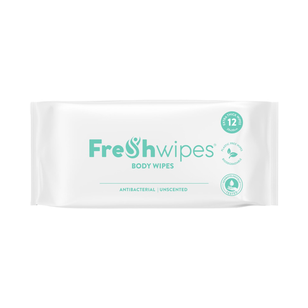 Fre Shwipes Freshwipes Unscented Antibacterial Body Wipes For Adults 1 Pack (12 Wipes) - Extra Large Biodegradable Wet Wipes - Dermatologically Tested & Suitable