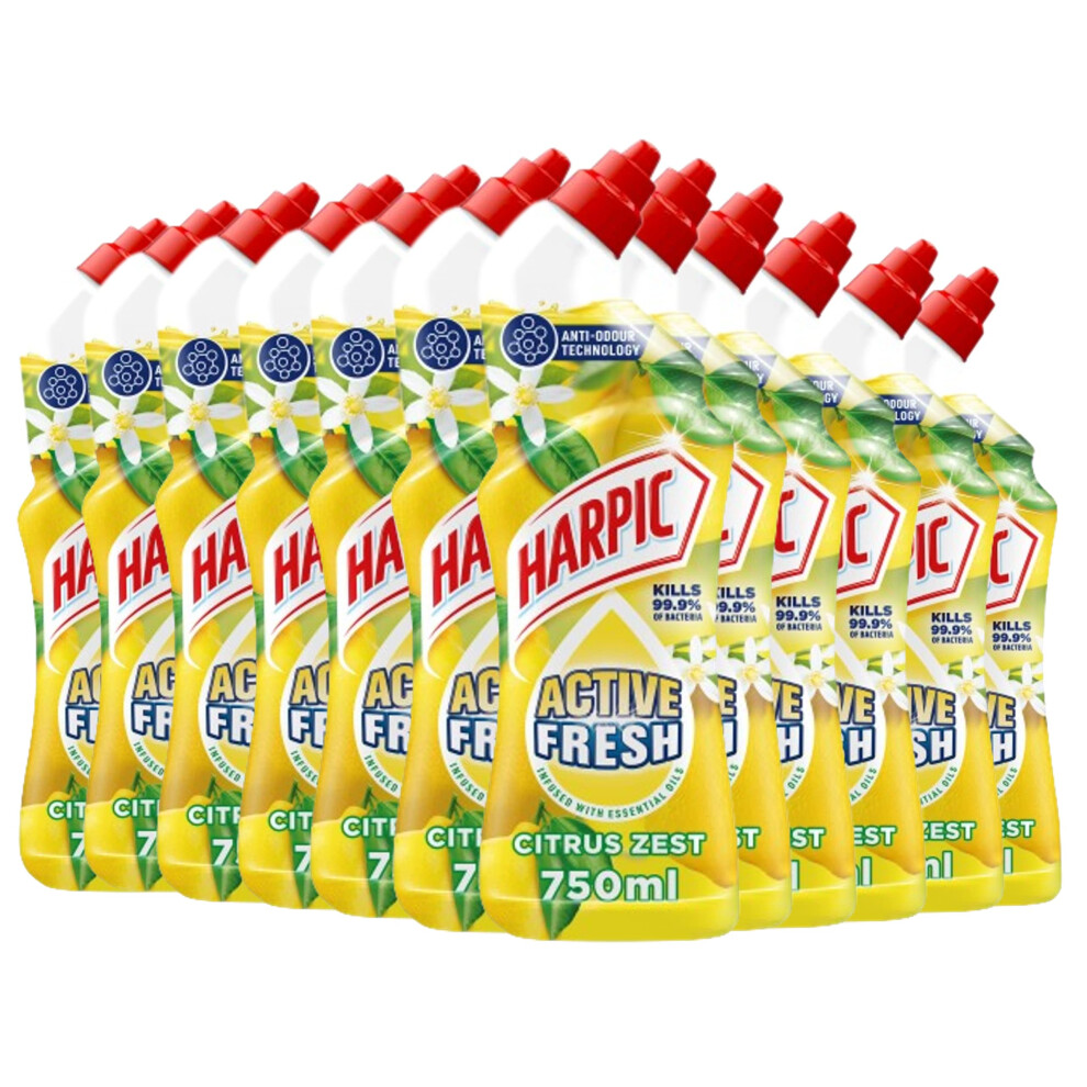 Harpic Active Fresh Toilet Cleaning Gel, Citrus Zest , Pack 12 x 750 ml, Infused with Essential Oils, Kills 99.9% of Bacteria, Toilet Cleaner