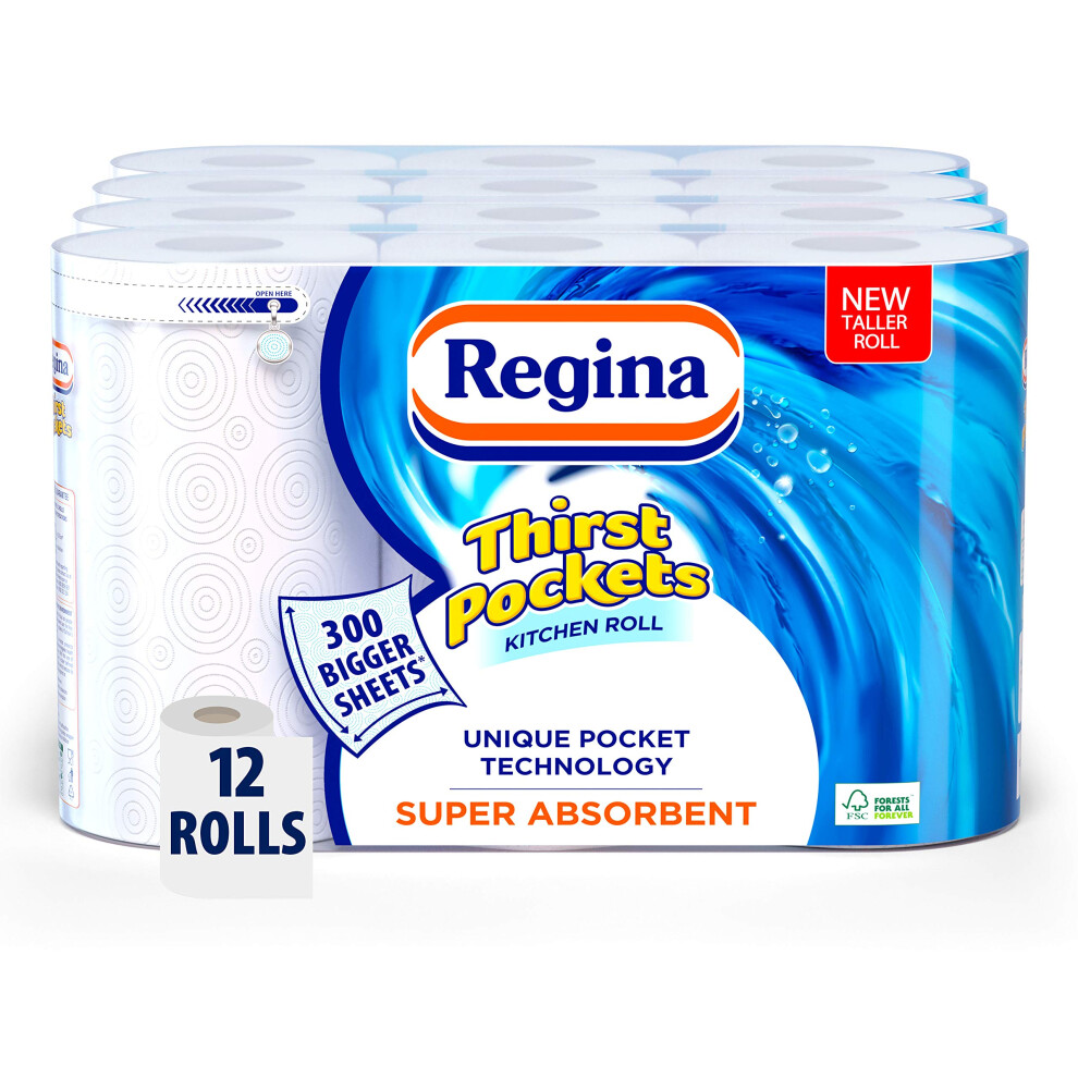 Regina Thirst Pockets Kitchen Roll - 12 Rolls, 1,200 Super Absorbent Sheets, Unique Pocket Technology, Your Ideal Kitchen Companion, FSC certified