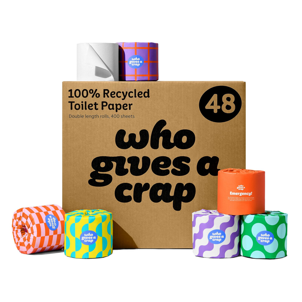 Who Gives A Crap ? 100% Recycled, Twice as Long, Sustainable Toilet Roll, Box of 48 (3-Ply, 400 Sheets) - Soft, Strong, Sustainable