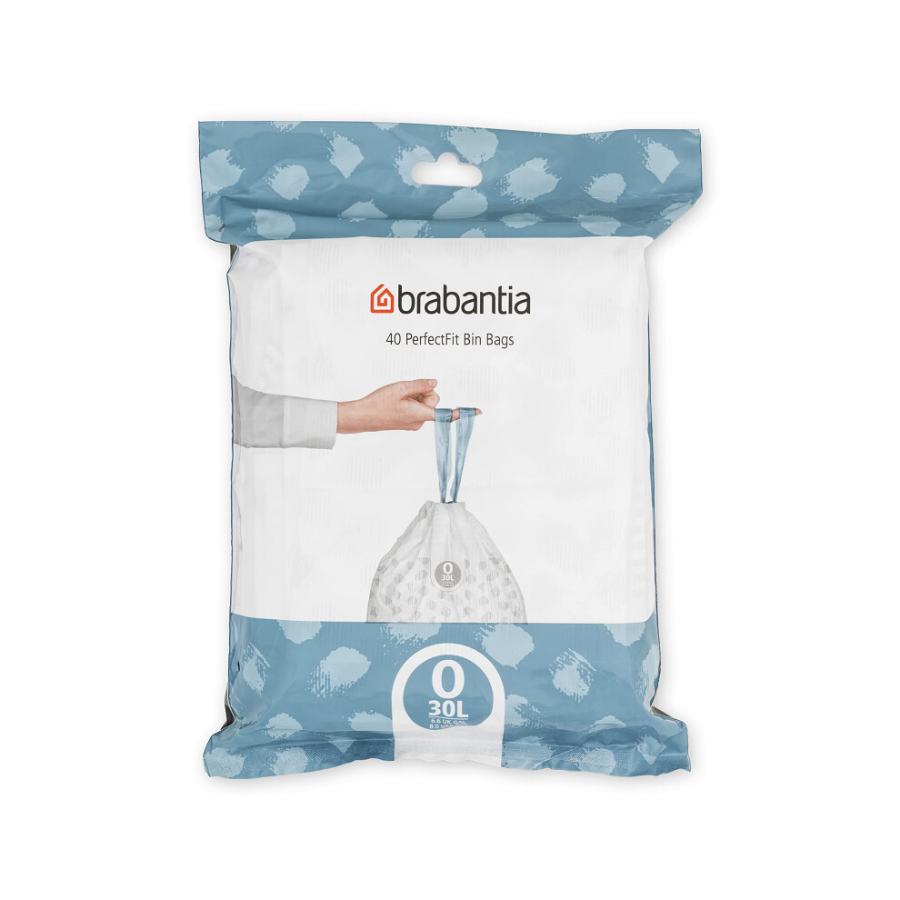 Brabantia PerfectFit Bin Liners (Size O/30 Litre) Thick Plastic Trash Bags with Tie Tape Drawstring Handles (40 Bags)