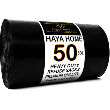Haya Home 50L 50 Bin Bags Heavy Duty Bin Liners, Black Plastic Refuse Sacks large Garbage Waste Dustbin Bags for Kitchen Home Office DIY Garden from