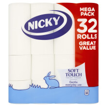 Nicky Soft Touch Toilet Tissue |Extra Value Pack ? 32 Rolls of Extra Gentle White Toilet Paper |190 Sheets per Roll| 2-ply | Soft Tissue | Modern