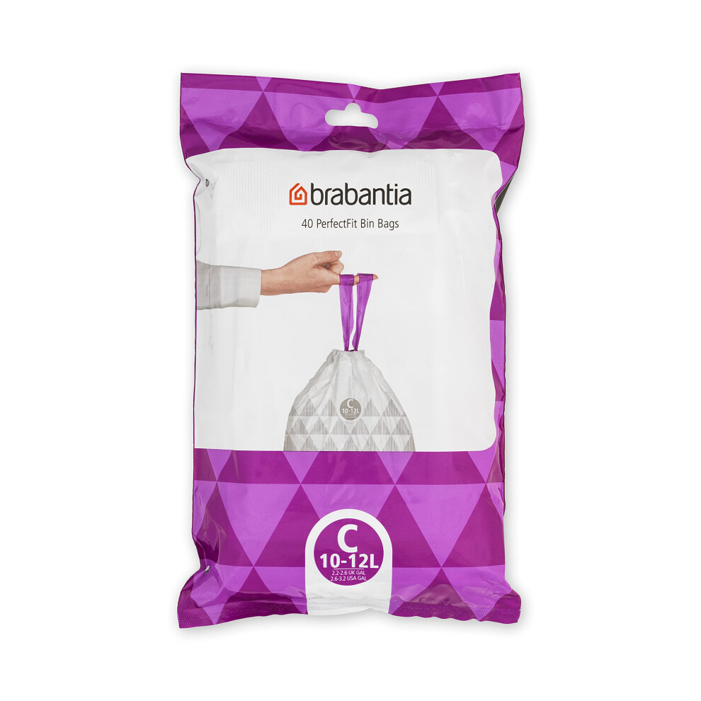 Brabantia PerfectFit Bin Liners (Size C/10-12 Litre) Thick Plastic Trash Bags with Tie Tape Drawstring Handles (40 Bags)