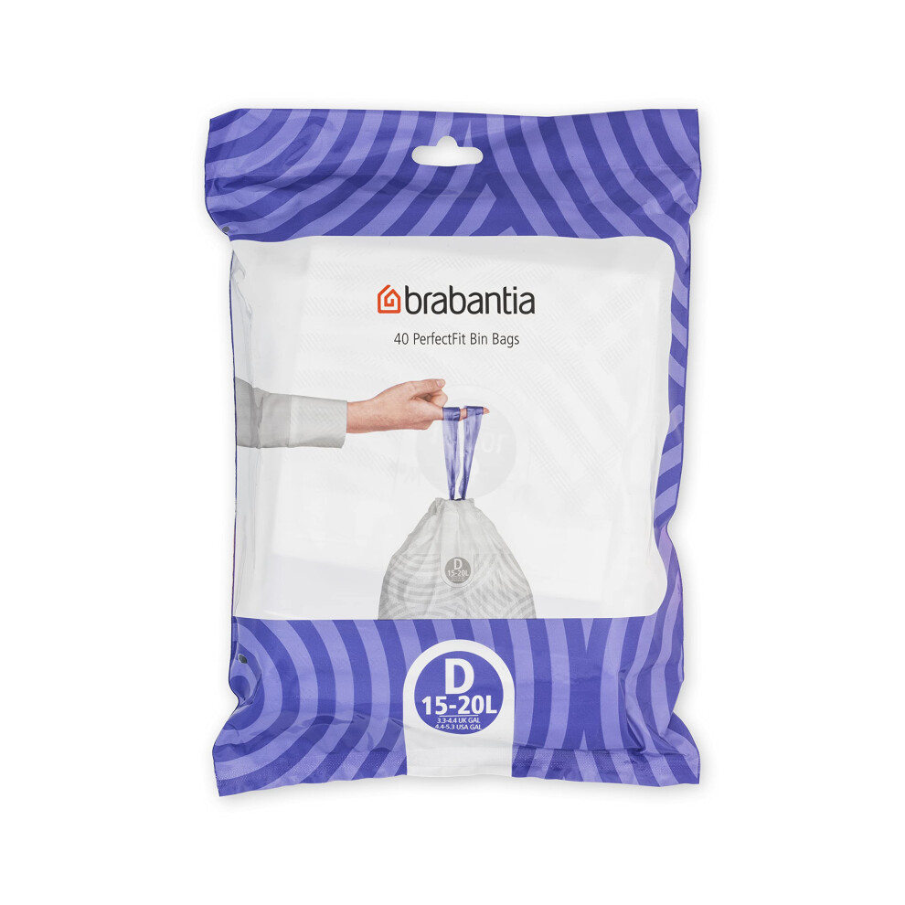 Brabantia PerfectFit Bin Liners (Size D/15-20 Litre) Thick Plastic Trash Bags with Tie Tape Drawstring Handles (40 Bags)