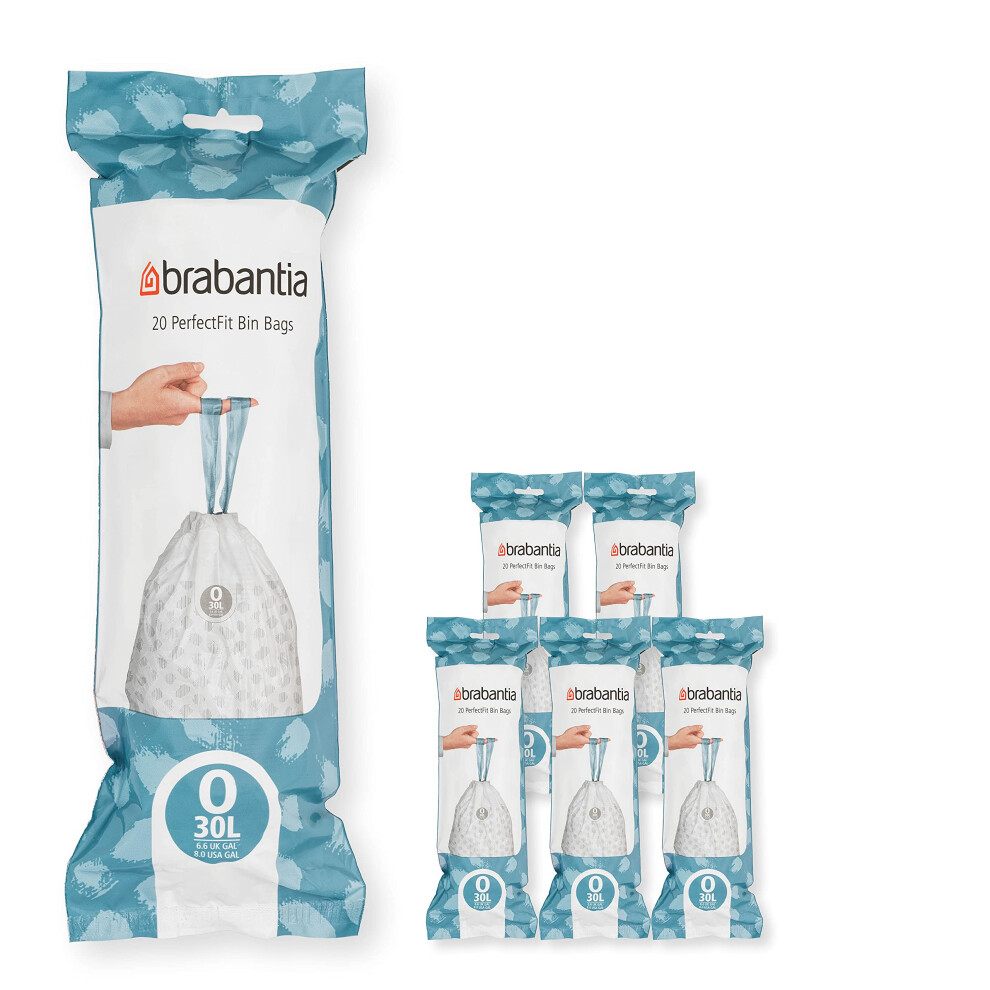 Brabantia 138485 PerfectFit Bin Liners Multipack (Size O/30 Litre) Thick Plastic Trash Bags with Tie Tape Drawstring Handles (120 Bags), White