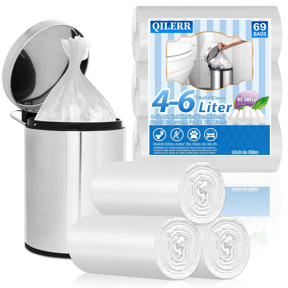 QILERR Small Bin Liners 4-6L Bathroom Bin Bags, 69 Counts Mini Clear Plastic Trash Bag, Anti-Drip Pedal Bin Garbage Bag for Bedroom,Toilet, Kitchen,