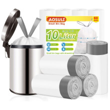 10L Bin Liners Drawstring bin bags with Tie Handle,Small Bin Bags for Bathroom pedal Bin,Office Waste Paper Bin(60 Liners, White)