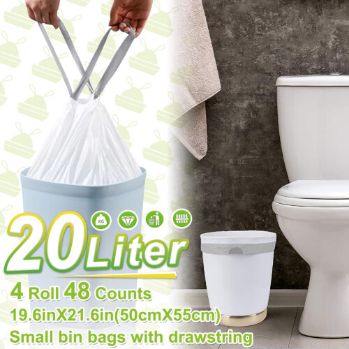 Bin Bags 20L with Drawstring Tie Handle,AOSULI White Bin Liners/Strong Trash Bags 1