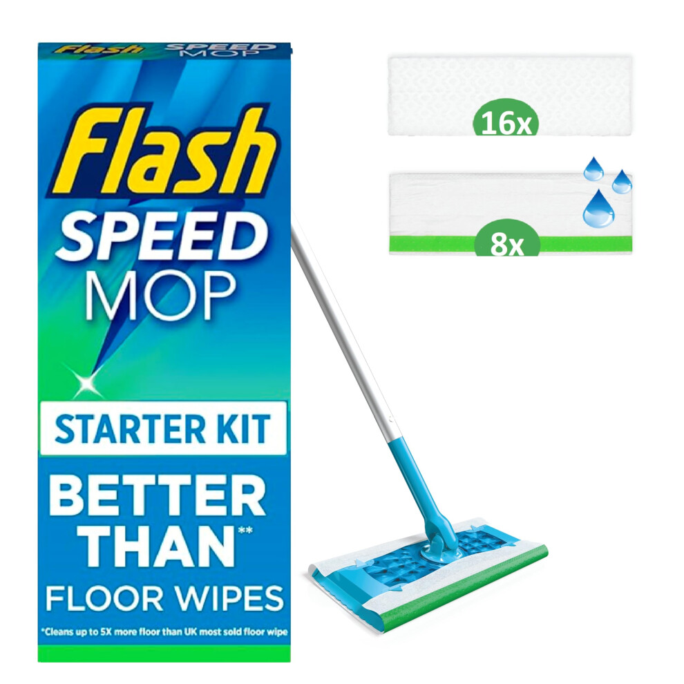 Flash Speedmop Floor Cleaner Starter Kit, Fast Easy & Hygienic (1 Handle + 4 Wet & 16 Dry Refills), Trap & Lock Daily Dirt, Grease & Grime Without