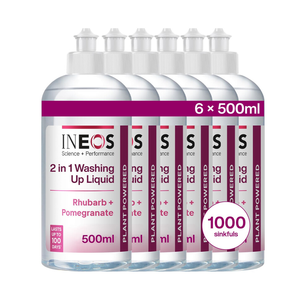 Ineos Next-Gen 2In1 Washing Up Liquid, 3L (500Ml X 6), 1000 Sinkfuls, Dishwashing + Handwashing, Plant Powered, Rhubarb + Pomegranate, Packaging May
