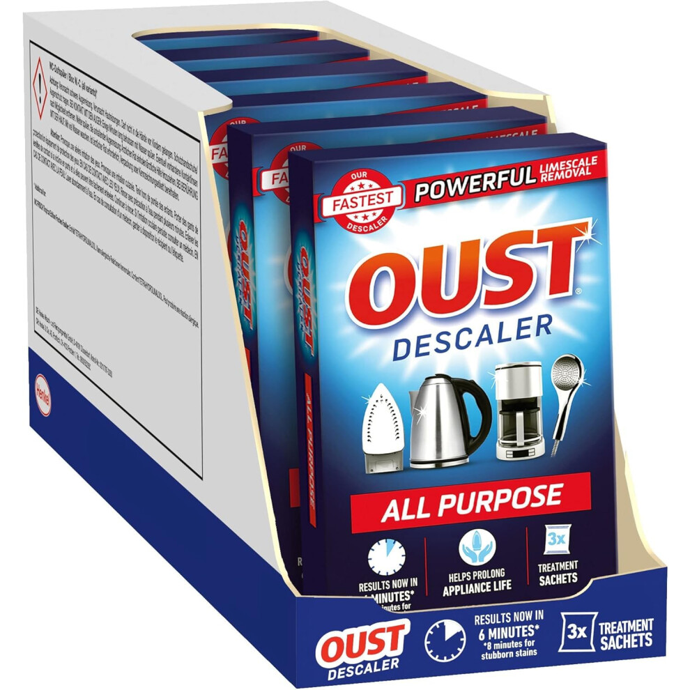 Oust Powerful All Purpose Descaler, New Formula, Limescale Remover ? Ideal for Kettles, Coffee Machines, Irons and Shower Heads, 3 Sachets x 6 (18