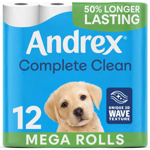 Andrex Complete Clean 12 Mega Toilet Rolls= 18 Standard Toilet Rolls, 50% Longer Lasting Paper with unique 3D Wave Texture for a Proven, Effective