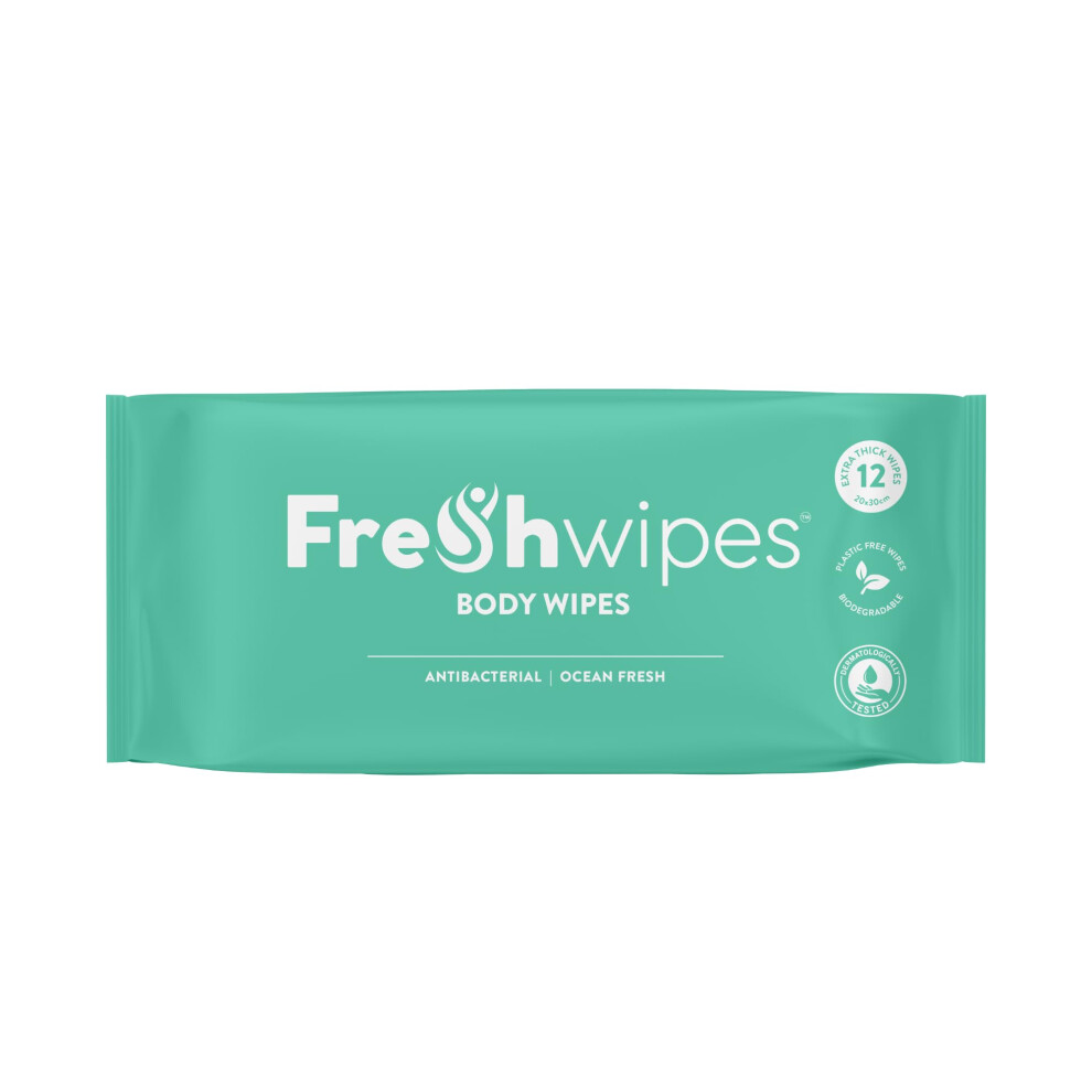 Fre Shwipes Freshwipes Antibacterial Body Wipes For Adults 1 Pack (12 Wipes) - Ocean Fresh Scent - Large Biodegradable Wet Wipes - Dermatologically Tested &